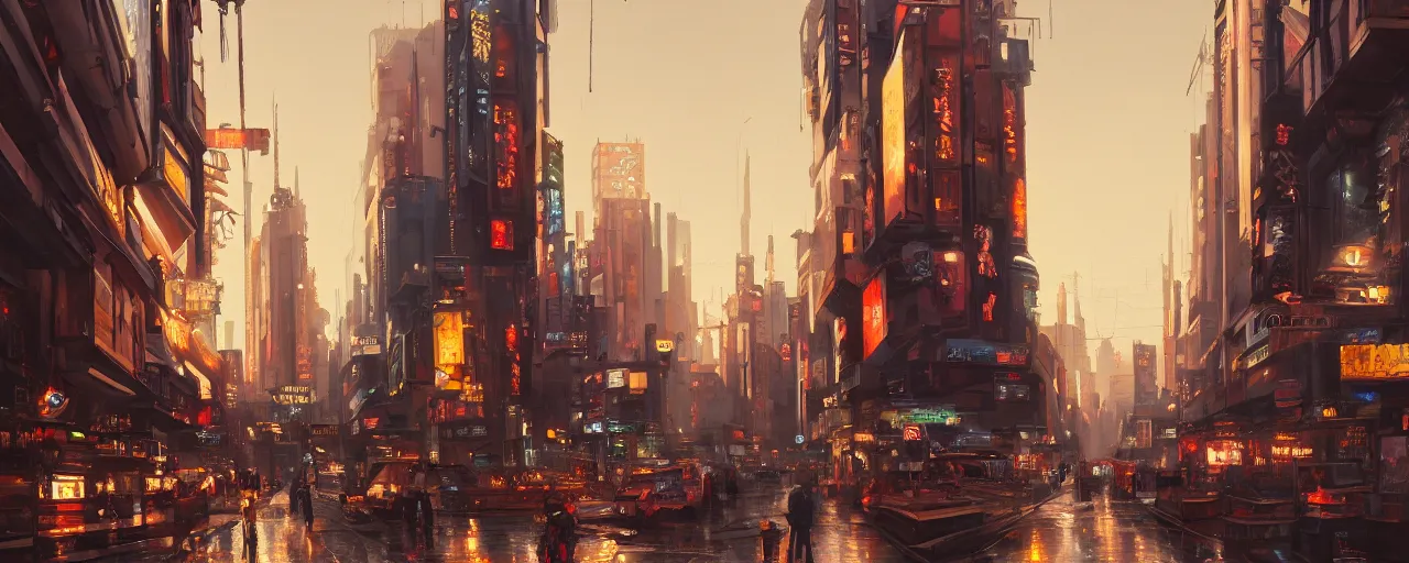 Image similar to an epic painting of the city street, oil on canvas, cold colors, perfect composition, golden ratio, beautiful detailed, photorealistic, digital painting, artstation, concept art, smooth, sharp focus, illustration, cyberpunk background, artstation trending, octane render, unreal engine