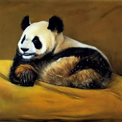 Image similar to oil painting portrait by lucien freud of a panda.