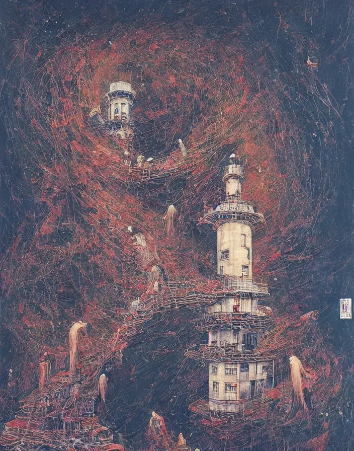 Image similar to worshippers in robes ascend a spiral staircase in a lighthouse, spiral staircase, high detailed beksinski painting, part by adrian ghenie and gerhard richter. art by takato yamamoto. masterpiece, deep colours, blue