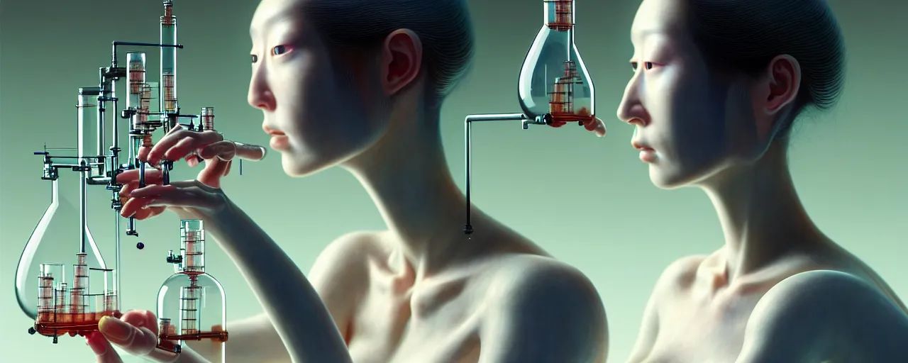 Prompt: hyperrealistic photography of a gorgeous female scientist constructing a glass - making machine in the style of jin kagetsu, james jean, chris cunningham, hans bellmer and wlop, highly detailed, face symmetry, masterpiece, award - winning, sharp focus, intricate concept art, ambient lighting, 8 k, artstation