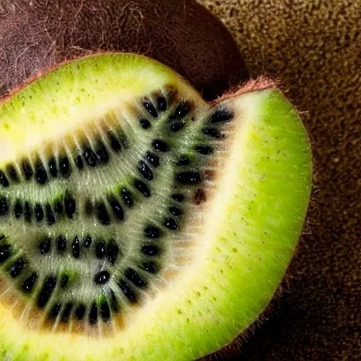 Image similar to a kiwi bird cut in half to reveal a kiwi fruit inside