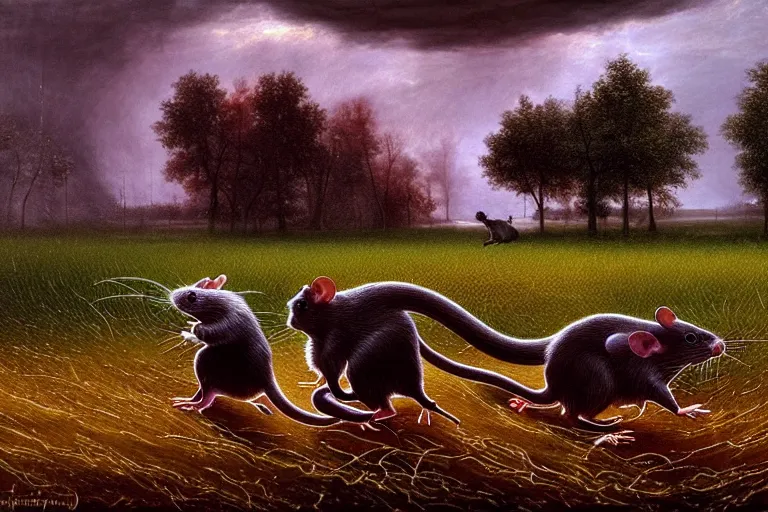 Prompt: a family of rats scurrying across a drenched field in a torrential rainstorm, in the style of jacek yerks, intricate and epic composition, red by caravaggio, insanely quality, highly detailed, masterpiece, purple light, artstation, 4 k