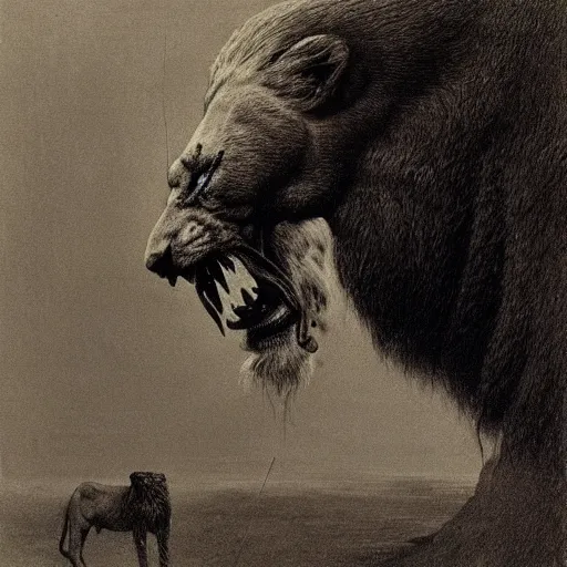 Image similar to monster with with four faces : man, lion, eagle, bull. drawn by zdzislaw beksinski