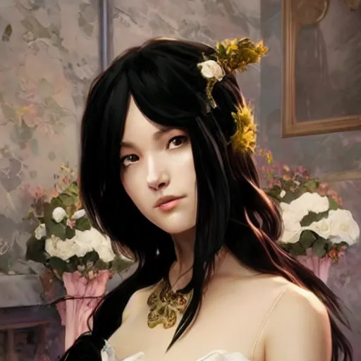 Prompt: cassandra cain in a wedding dress, beautiful face!!!!!, long hair, cg animation, riot entertainment, arcane, realistic, character select portrait, by artgerm, greg rutkowski, alphonse mucha, 3 d