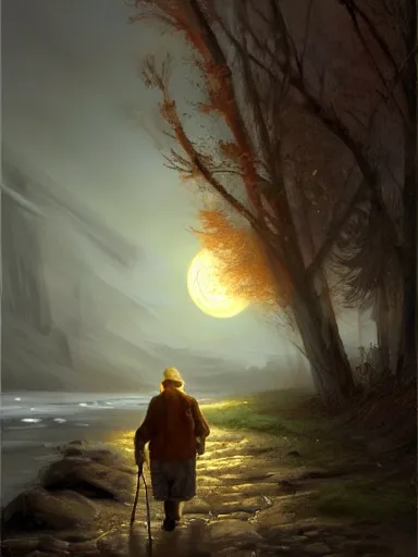 Image similar to an old man, walking in the night under the moonlight. besides a rocky river. intricate, elegant, highly detailed, digital painting, artstation, concept art, sharp focus, illustration, by justin gerard and artgerm, 8 k