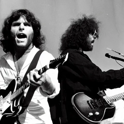 Image similar to Jim Morrison, and Thundercat playing music together on stage