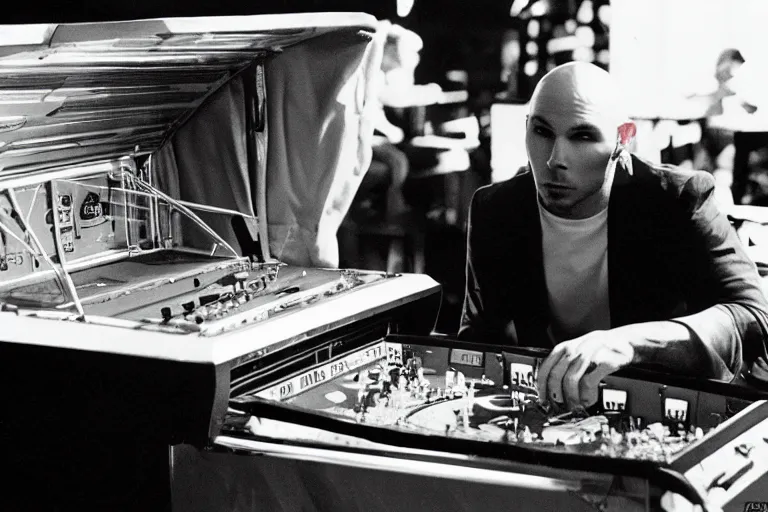 Prompt: pitbull playing a pitbull pinball machine, over the shoulder perspective, in 1 9 8 5, y 2 k cybercore, industrial low - light photography, still from a kiyoshi kurosawa movie