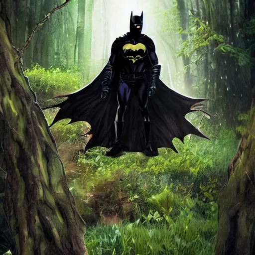 Image similar to batman meets groot in the woods digital art 4 k detailed super realistic