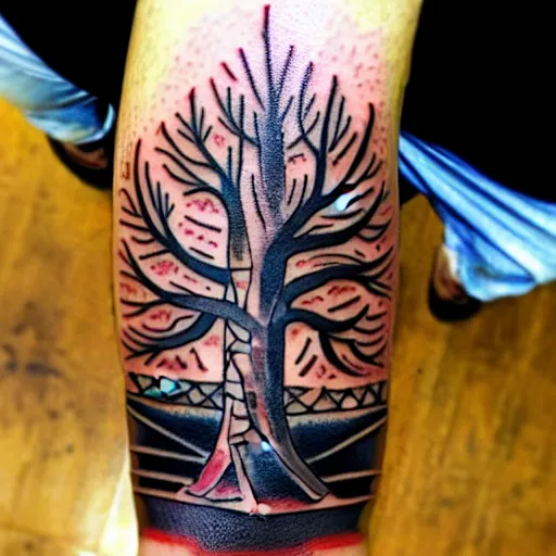 Image similar to traditional american tattoo art of a tree inside a rusted clock made of black liquid, tattoos exploding out, fine detail, sheet paper, white background