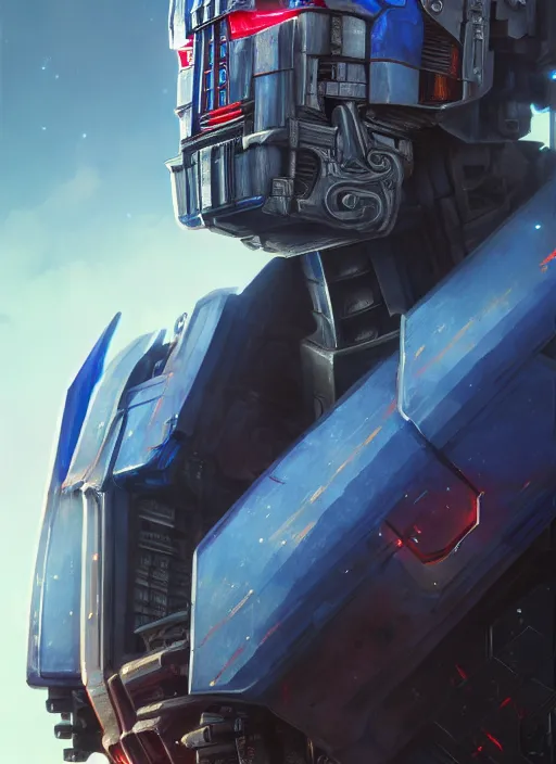 Prompt: Highly detailed full-body portrait of Optimus Prime, Stephen Bliss, unreal engine, fantasy art by Greg Rutkowski, Loish, Rhads, Makoto Shinkai and Lois van baarle, ilya kuvshinov, rossdraws, Tom Bagshaw, global illumination, radiant light, detailed and intricate environment