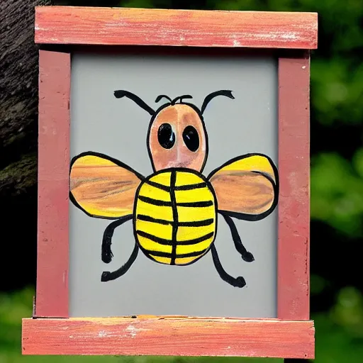 Prompt: a beehive-frame that has been painted on by children,