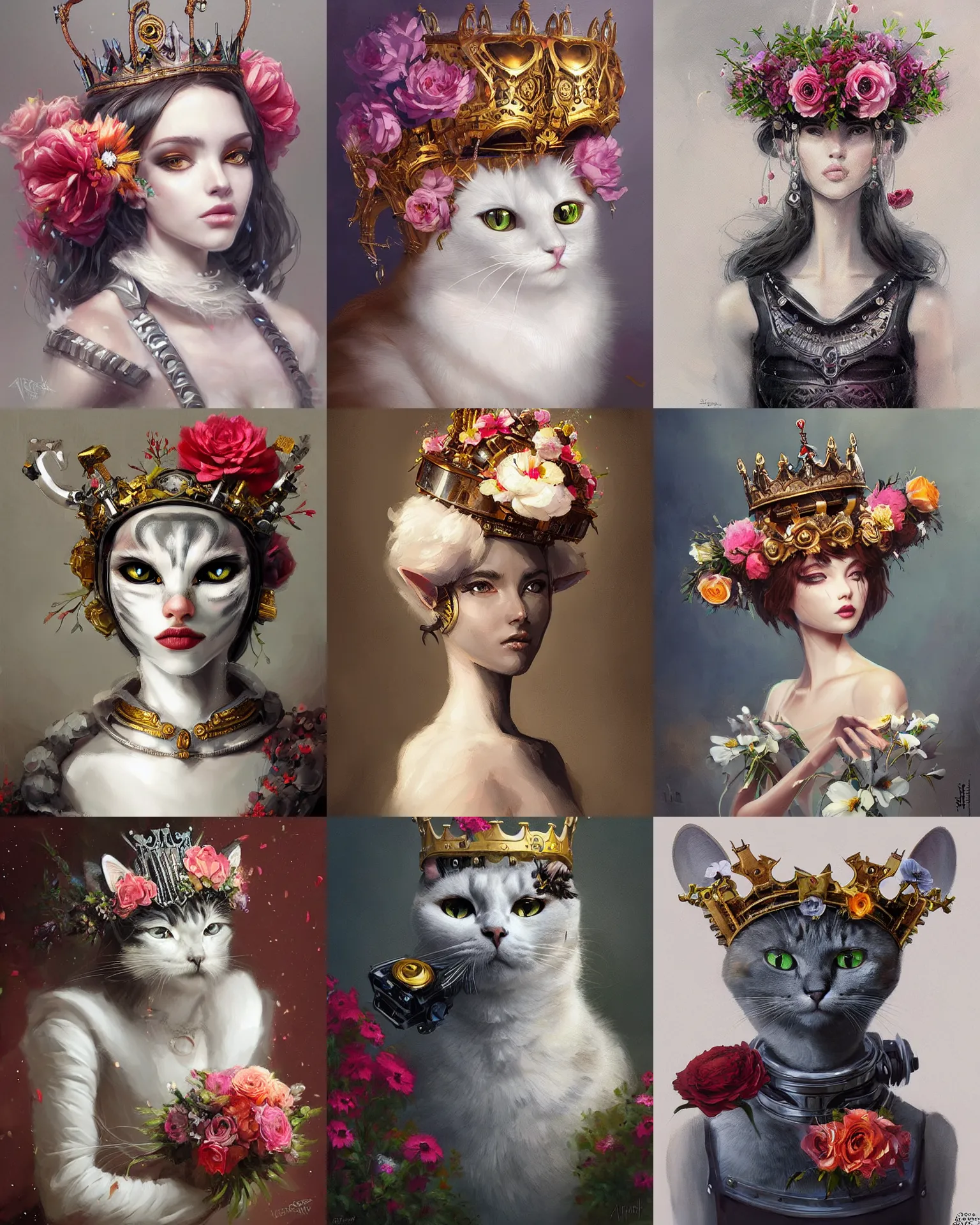 Prompt: portrait of mechanical cat, robot cat wearing a crown, flowers, painting by artgerm and by greg rutkowski