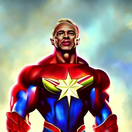 Image similar to body builder captain marvel, artstation hall of fame gallery, editors choice, #1 digital painting of all time, most beautiful image ever created, emotionally evocative, greatest art ever made, lifetime achievement magnum opus masterpiece, the most amazing breathtaking image with the deepest message ever painted, a thing of beauty beyond imagination or words