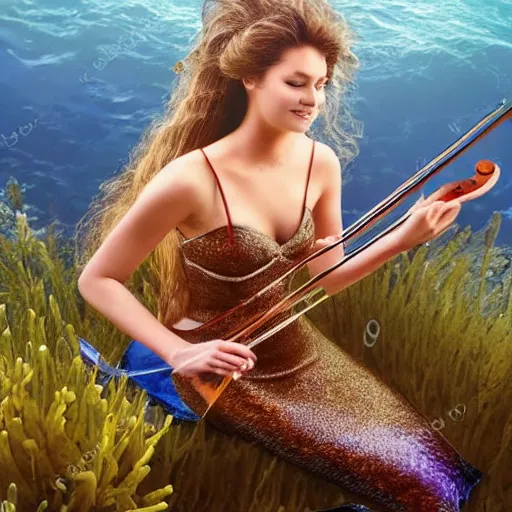 Image similar to a beautiful long - haired mermaid playing the violin in the wide ocean among fish