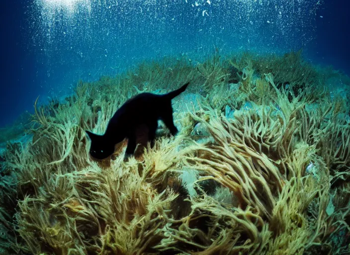 Prompt: a photograph of a black cat swimming deep in the ocean among fish, focus shot, 35mm film, award winning photography, National Geographic, 8k resolution, ultra detail, underwater sun lighting