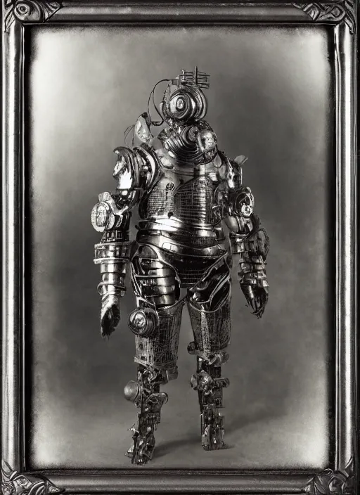 Image similar to old wetplate daguerreotype frame portrait of a futuristic silver armored knight district 9 cyborg, fractal, intricate, elegant, highly detailed, subsurface scattering, by jheronimus bosch and greg rutkowski and louis jacques mande daguerre