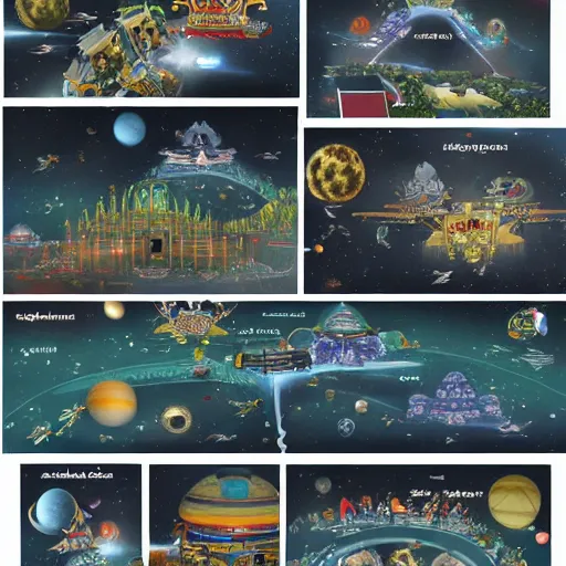 Image similar to interplanetary amusement park in space with multiple planets and a balinese temple