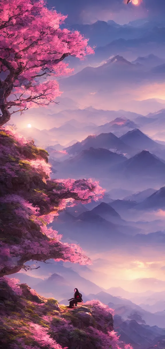 Image similar to samurai resting on a mountain top, cool dawn sky, sakura tree by sylvain sarrailh, rossdraws, ambient light, ultra detailed, fantasy artwork, 8 k, volumetric lighting, trending on artstation, award winning, very beautiful.