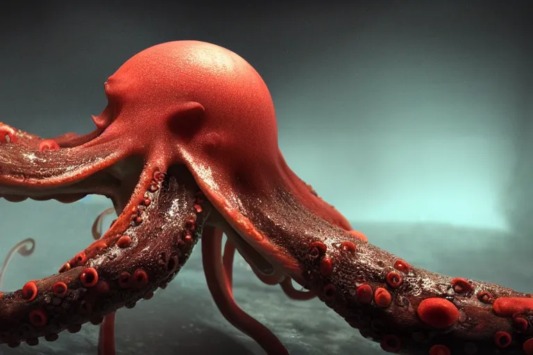 Prompt: An octopus made of muscles and flesh, very angry, teeth, ambient light, terror, glows, realistic, photo-realism, hyper realism, picture, detailed, 3D render, scary, distant shot, in the distance,