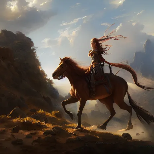 Prompt: warrior queen riding steed, ridge, sweeping views, by greg rutkowski, by asher brown durand, artstation