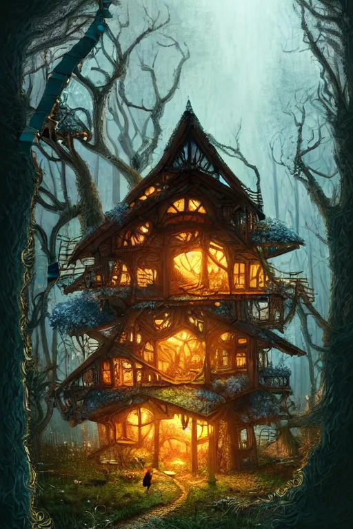 Image similar to a storybook illustration of a ramshackle multistory fairytale hut in the forest, intricate, elegant, fantasy, highly detailed, digital painting, concept art, sharp focus, artstation