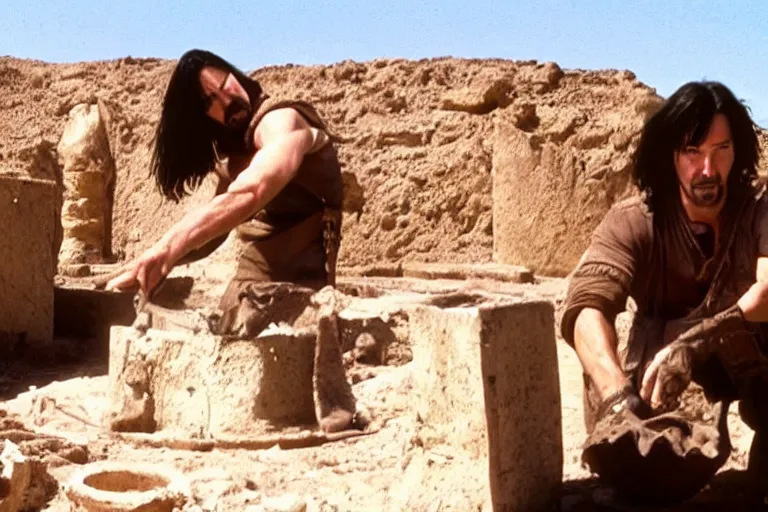 Image similar to film still of keanu reeves wearing an archaeological outfit sifting material at an ancient egyptian archaeological digsite