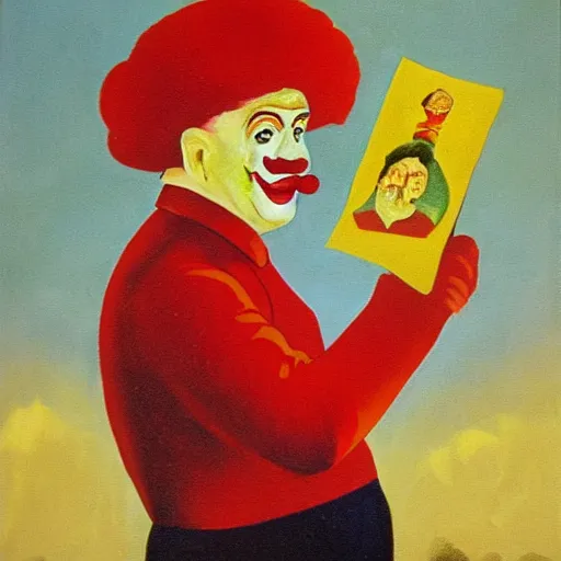 Prompt: communist clown portrait, soviet propaganda painting, vivid colors