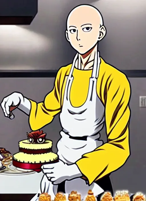 Image similar to chef saitama one punch man, dressed as a pastry chef, focused at making a cake, beautiful anime artwork