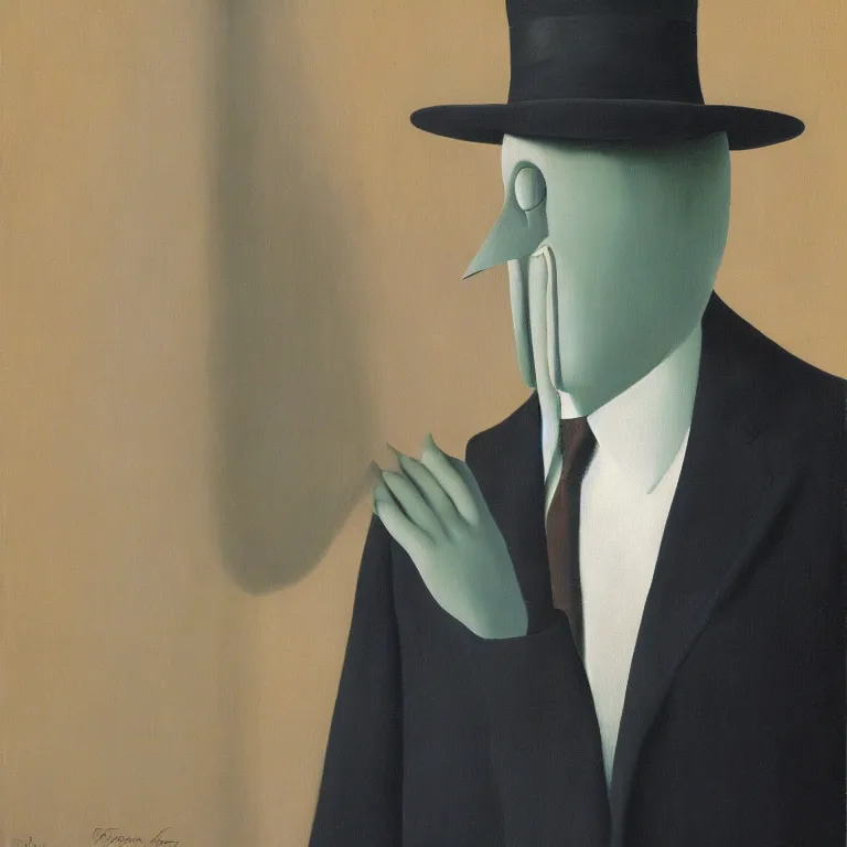 Image similar to portrait of a ghost in a suit, by rene magritte, detailed painting, hd, hq, high resolution, high detail, 4 k, 8 k