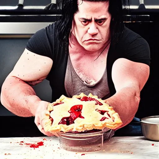 Image similar to angry glenn danzig baking a fruit pie, making a mess, 4 k,