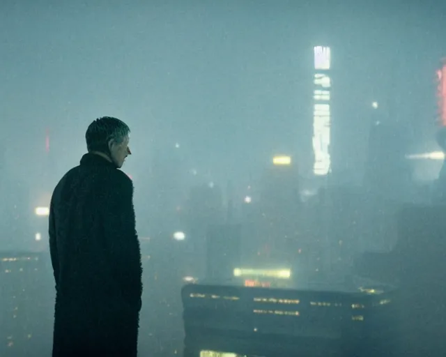 Prompt: 2 0 1 8 blade runner movie still man looking at the cityscape from roof, neon, back of body and head