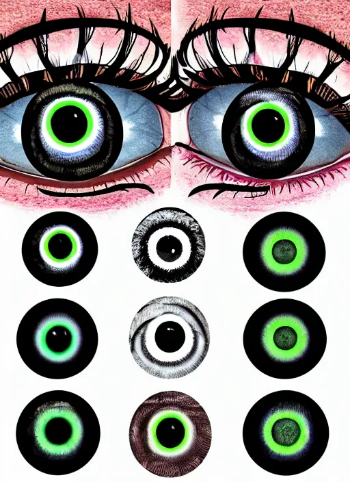 Image similar to diverse eyes!, black circle pupil, circle iris, round pupil, happy smiling human eye, eyelashes, tired half closed, advanced art, art styles mix, from wikipedia, eye relections, hd macro photograph, montage