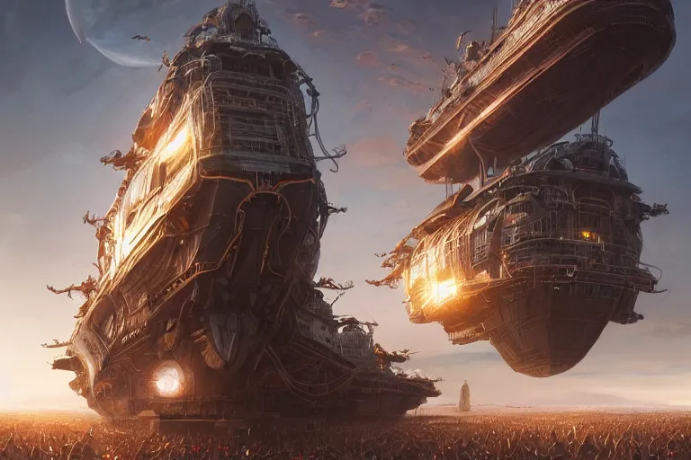 Image similar to detailed intricate digital illustration by greg rutkowski and artgerm and wlop and sanford robinson gifford ; colossal mothership vessel of immeasurable size arriving in our atmosphere, perspective of crowd of people on the ground looking up ; 1 3 mm film, wide angle ; golden hour, lens flare, trending on artstation 8 k