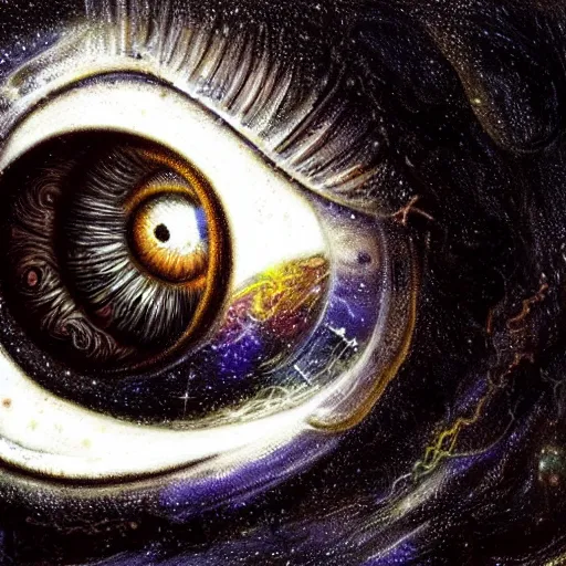 Prompt: low angle shot of a chicken eye with the galaxy in the iris by clive barker, intricate, elegant, highly detailed, centered, digital painting, artstation, concept art, smooth, sharp focus, illustration, artgerm, Tomasz Alen Kopera, Peter Mohrbacher donato giancola, Joseph Christian Leyendecker, WLOP, Boris Vallejo.