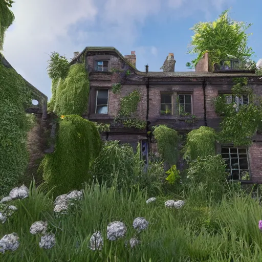 Image similar to outside a derelict victorian house, garden in front of house is overgrown and walls are crumbling down, moss and ivy cover the walls ray traced unreal 5, ultra details