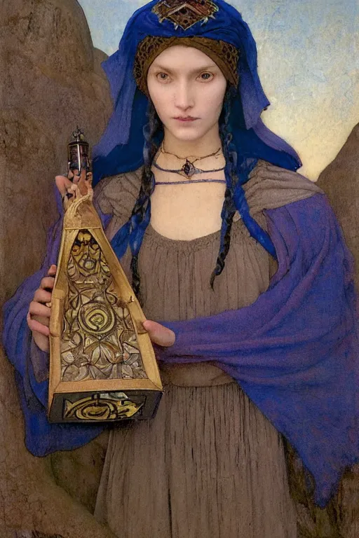 Image similar to portrait of the last goth witch of the dawn mountains with her lantern and regalia, by Annie Swynnerton and Nicholas Roerich and John Bauer and John William Godward and Donato Giancola and Vermeer, embroidered velvet, iridescent beetles, rich color, ornate headdress, flowing robes, lost runes, ancient civilizations, dramatic cinematic lighting, featured on Artstation, extremely detailed