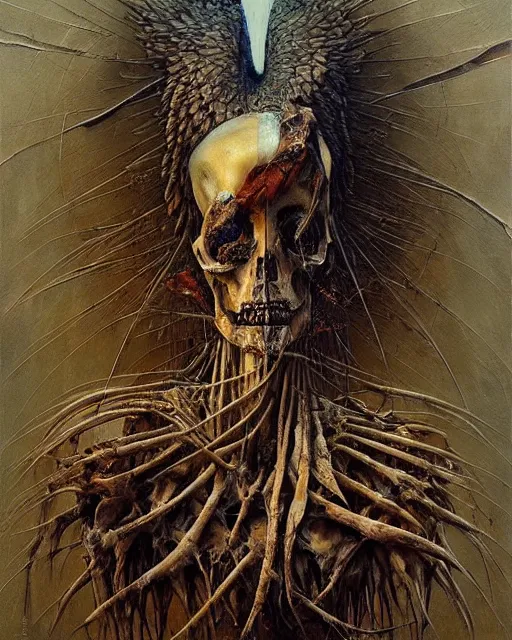 Prompt: realistic detailed bone carcass of a sacred bird, cracked stained bones full of marks, made by Karol Bak and Bernini. Rich colors. Beksinski and painting. Masterpiece