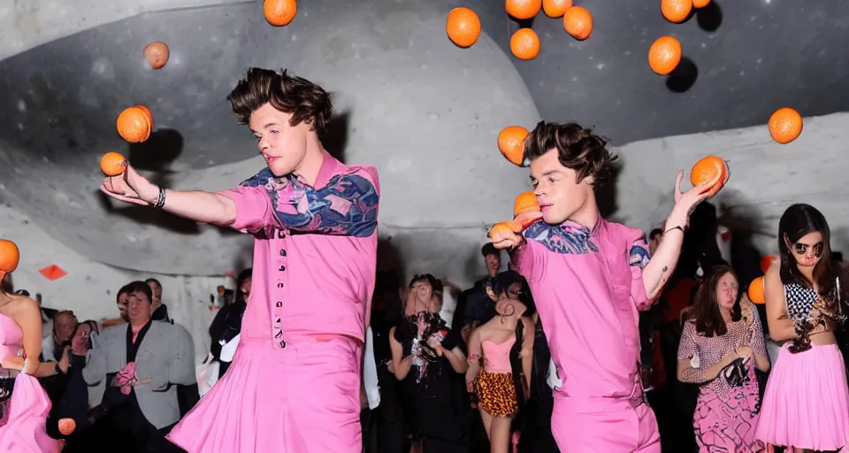 Prompt: harry styles on the moon juggling oranges with a pink skirt