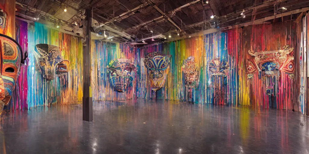 Image similar to A hyper realistic photography of an exhibition space with indigenous masks and dripping colors on the wall