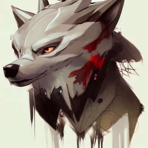 Image similar to concept art of anthropomorphized wolf, highly detailed painting by dustin nguyen, akihiko yoshida, greg tocchini, 4 k, trending on artstation, 8 k