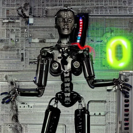 Image similar to the torso of fully a mechanical terminator lady with borg implants, human face and robotic snakes coming out of her head is hanging from cables and wires off the ceiling of an abandoned computer lab and plugged into a quantum computer. Her bottom half is missing with cables hanging out. She is taking a sip from a cup of coffee. Tiny green led lights in her cybernetics. very detailed 8k. Steampunk horror style.