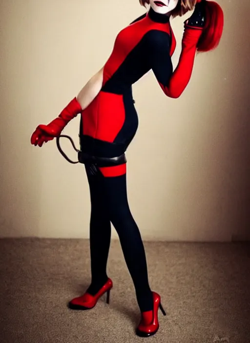 Prompt: attractive Emma Watson cosplaying as classic Harley Quinn!!! in her signature red and black plugsuit , photorealistic perfect body, 90 60 90 , hourglass! slim figure , full body zenkai! classic Harley suit , solo photoshoot , DSLR , wallpaper , cosplay , full body , cinematic 4K blu-ray , japanese DC live-action movie