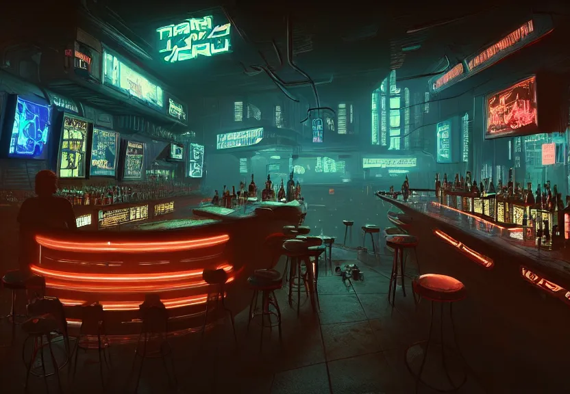 Prompt: concept art of cyberpunk bar environment : 8 k, hdr, studio, matte painting, environment, digital illustration, style cyberpunk 2 0 7 7 artstation, by marcin stepien, by mihai muscan, by marta leydy, by charlotte hughes, by zuzanna dabrowa, neon bioluminescence, highly detailed
