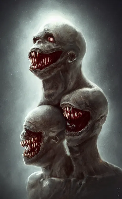 Image similar to full body portrait of of a two headed monster smiley creepily, dynamic lighting, photorealistic, fantasy concept art, ambient lighting, atmospherical, stunning visuals, creative, cinematic, ultra detailed, trending on art station