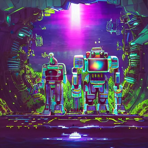 Image similar to an underwater city made of light matter built standing in the hands of a giant defunct robot mech and trying to save the planet one plant at a time, set in the distant future, plants, light prisms, rainbow diffraction, steampunk, cyberpunk, robots, warm lights, anime, vhs distortion, art style mimics starlight brigade by game grumps