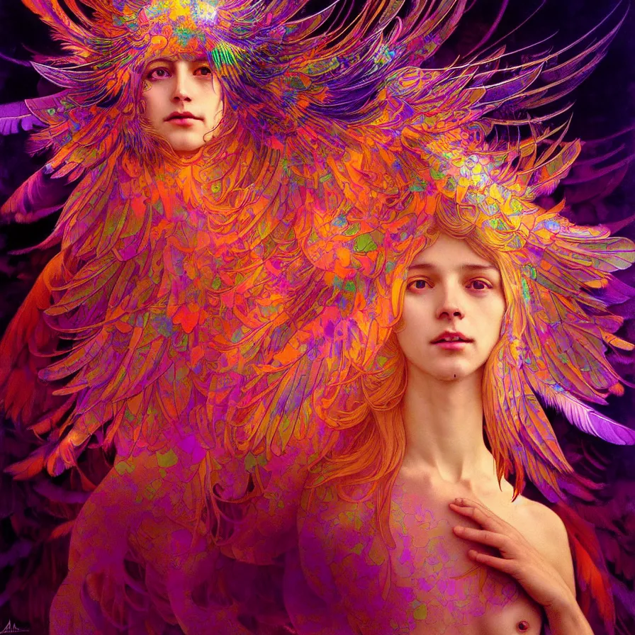 Image similar to face of innocent psychedelic transcendent feather mind bending psychedelic wings of glossy liquid honey flowing like kaleidoscopic translucent holograph, lsd feathers, feathery fluff, enlightenment, high contrast dappled lighting, refracted sunset, highly detailed, concept art, art by collier, albert aublet, krenz cushart, artem demura, alphonse mucha