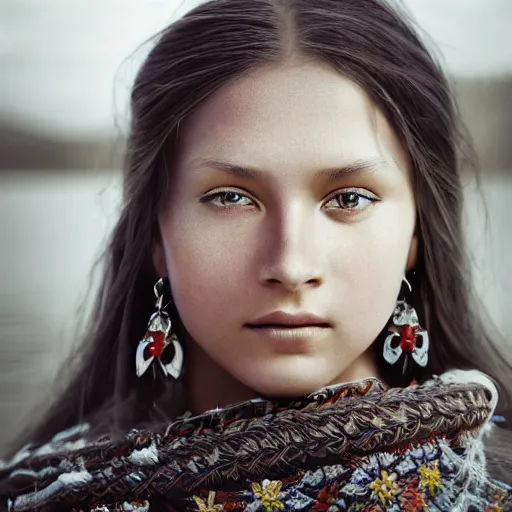 Prompt: portrait of a stunningly beautiful siberian tribal female, depth of field, zeiss lens, detailed, symmetrical, centered, fashion photoshoot, by Annie Leibovitz and Steve McCurry, David Lazar, Jimmy Nelsson, Breathtaking, 8k resolution, extremely detailed, beautiful, establishing shot, artistic, hyperrealistic, beautiful face, octane render