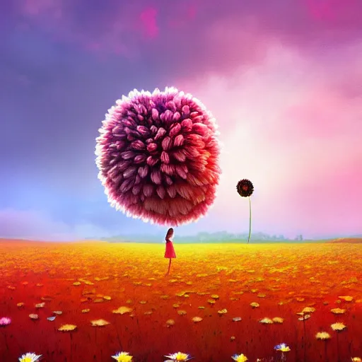 Prompt: giant daisy flower as head, girl standing in a flower field, surreal photography, sunrise, dramatic light, impressionist painting, colorful clouds, digital painting, artstation, simon stalenhag