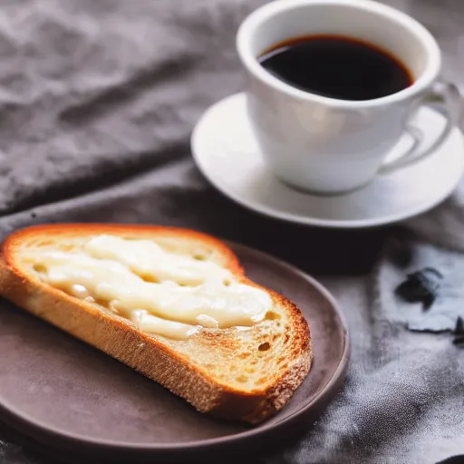 Prompt: sourdough toast with melted swiss cheese on a plate, morning light, cup of coffee