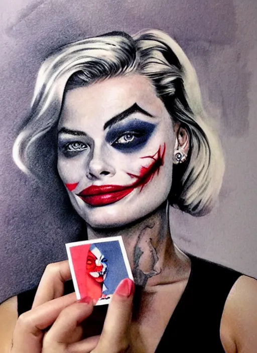 Image similar to tattoo design sketch of beautiful margot robbie portrait with joker makeup, holding an ace card, in the style of den yakovlev, realistic face, black and white, realism tattoo, hyper realistic, highly detailed